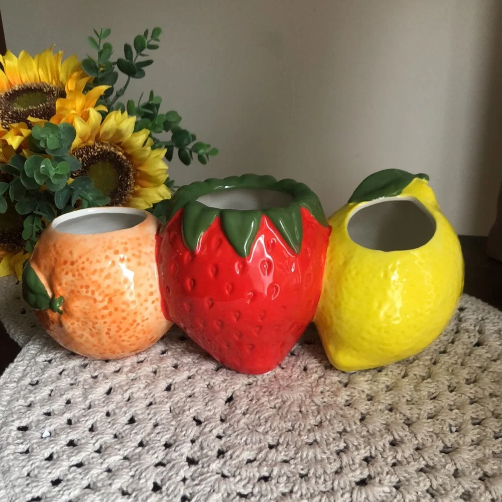 Fruit-Themed Ceramic Planter Pots Set - Orange, Red, Yellow